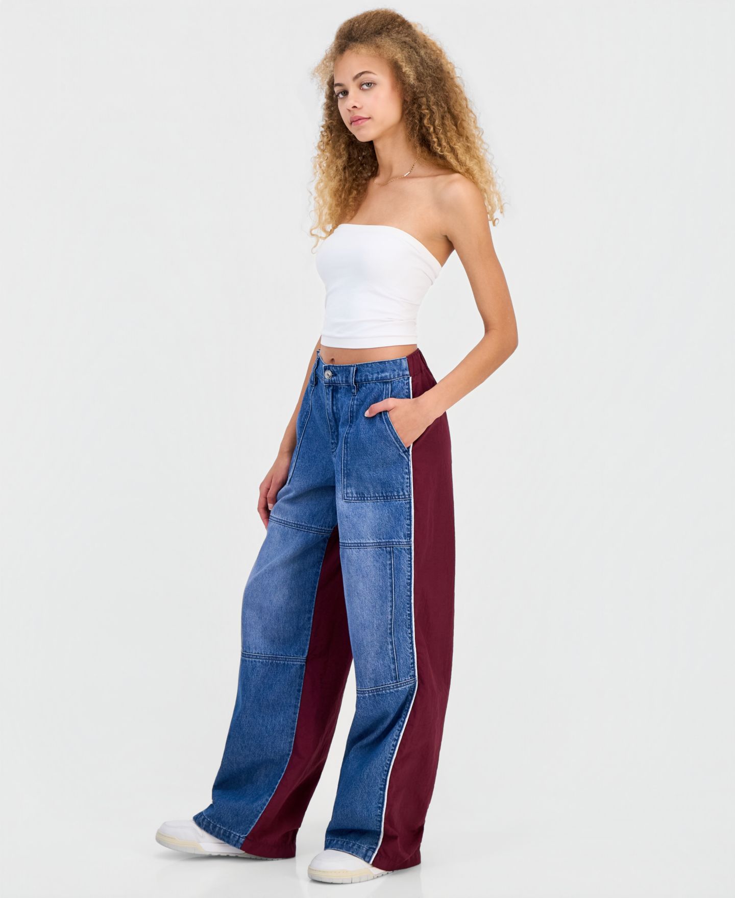 Женские джинсы Madden Girl Juniors' Mixed Materials Wide Leg, цвет: Джинсовый / Бордовый — фото 4