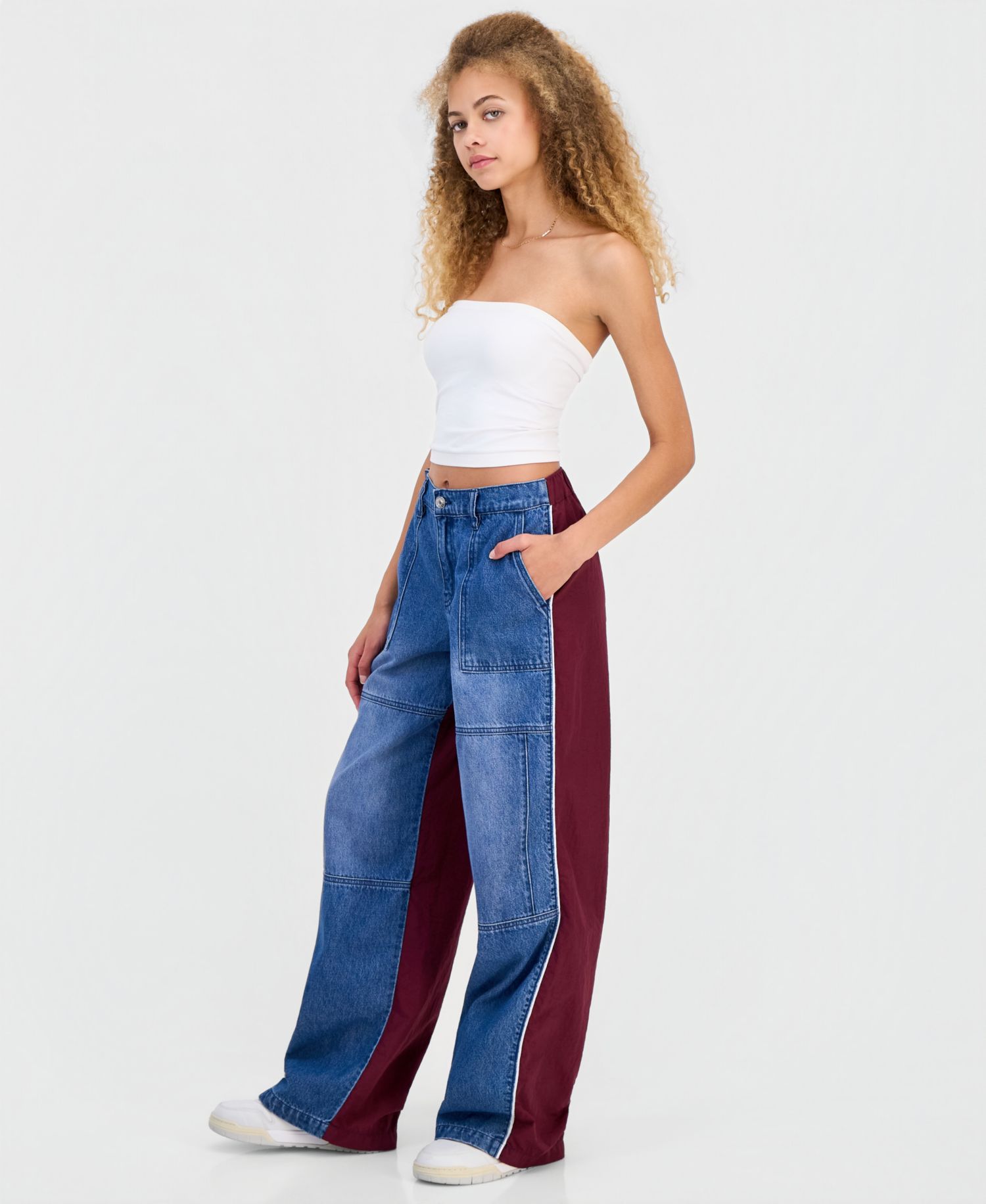 Juniors' Mixed Materials Wide Leg Jeans