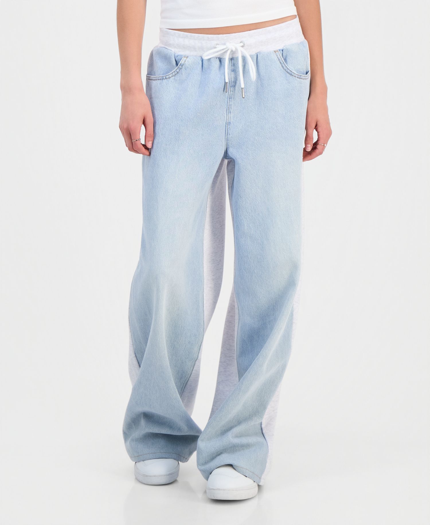 Juniors' Mixed-Media Wide-Leg Sweatpant Jeans