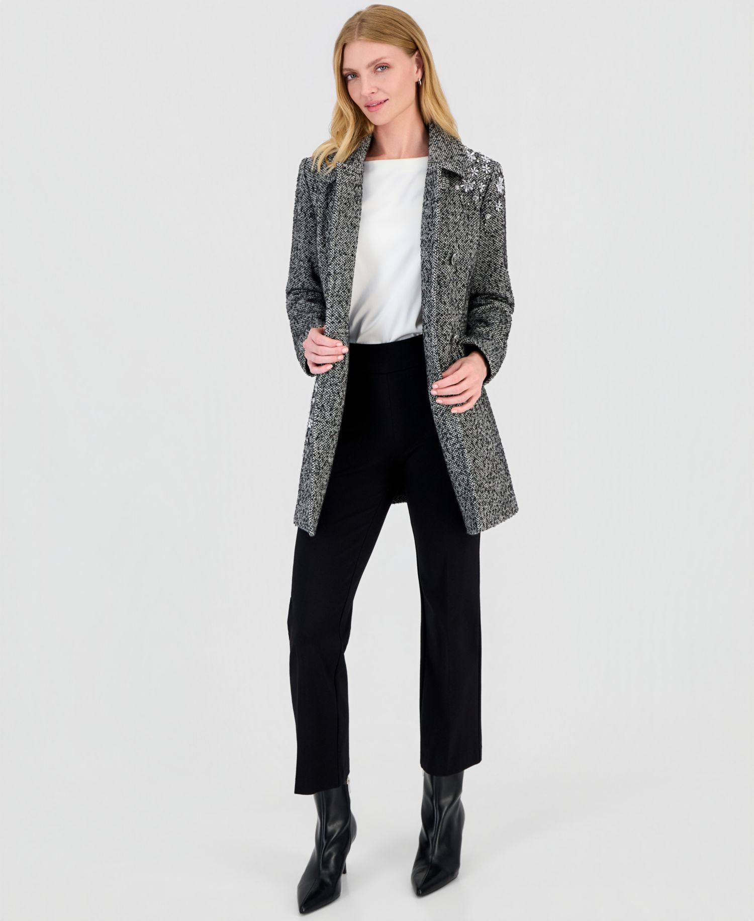 Women's Floral Beaded Double-Breasted Coat, Created for Macy's