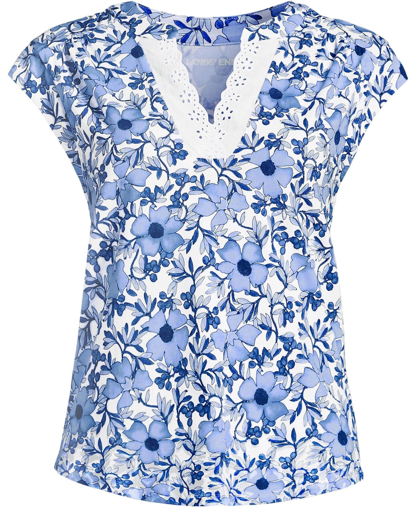 Женская футболка Lands' End Cap Sleeve Lightweight Jersey Lace Shoulder, цвет: Прозрачный синий небесно-голубой — фото 3