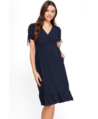 Women's Maternity Faux Wrap Flowy Nursing Dress with Pockets