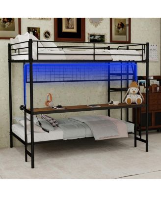 Metal Bunk Bed with Desk and LED Lights