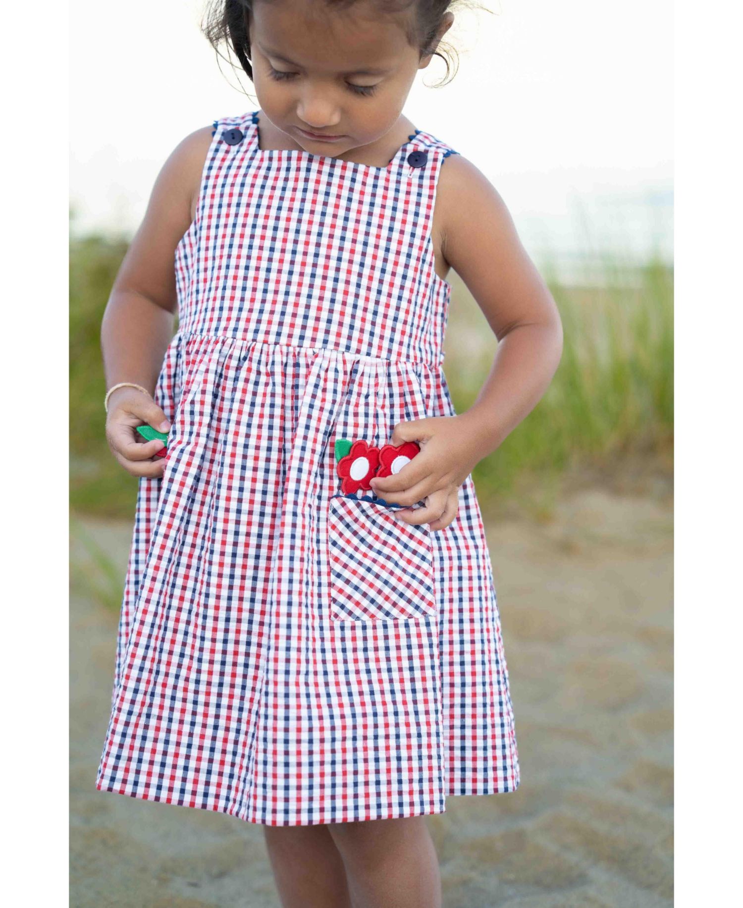 Little Girl Plaid Seersucker Dress With Flowers
