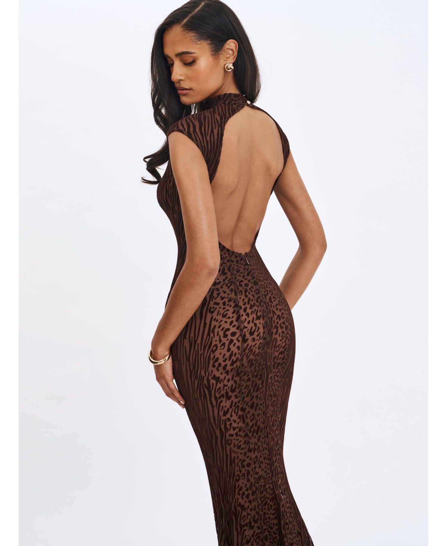Women's Tyanna Mocha Burnout Velvet Mesh Backless Mermaid Maxi Dress