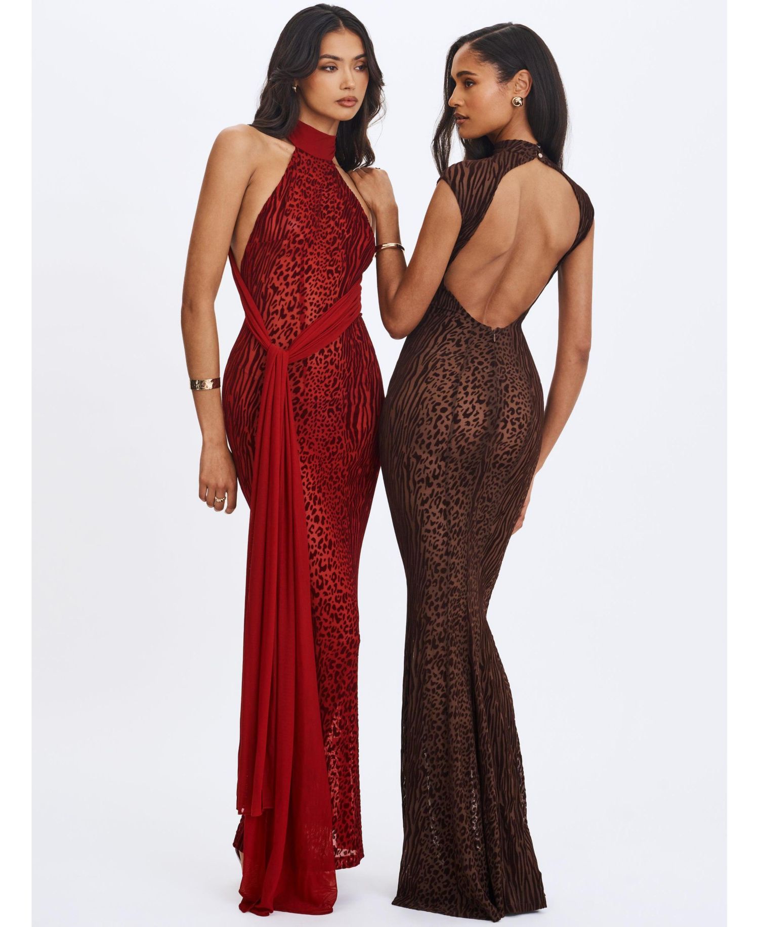 Women's Cerise Scarlet Burnout Velvet Multiwear Mesh Ribbon Maxi Dress