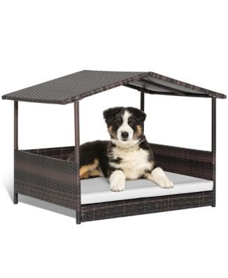 Wicker Dog House w/ Cushion Lounge Raised Rattan Bed for Indoor/Outdoor