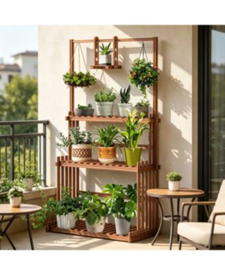 4-Tier Solid Pine Plant Stand with Drainage, Indoor Outdoor Flower Shelf