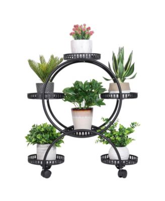 Metal Plant Stand with Lockable Wheels, Indoor Outdoor Planter Shelf for Patio and Balcony