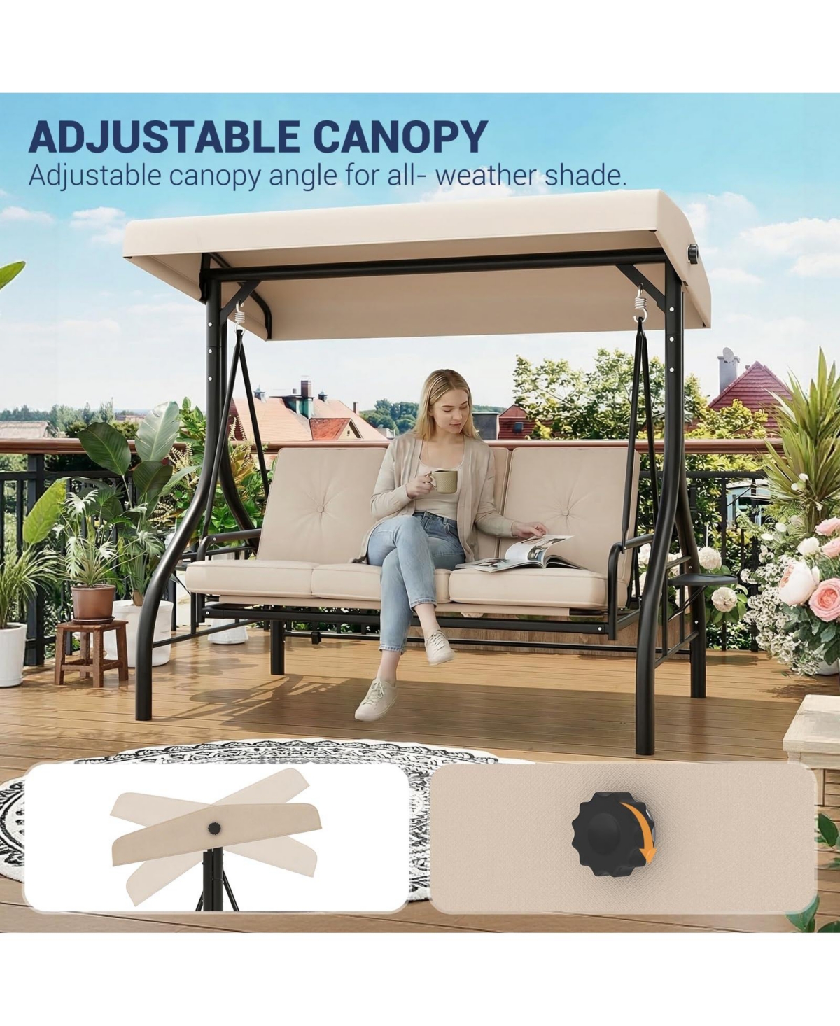 homfan 3-Seat Outdoor Swing with Adjustable Canopy, 2-in-1 Bed, Thick Cushions, Cup Holders and Tray, Weather-Resistant Patio Furniture