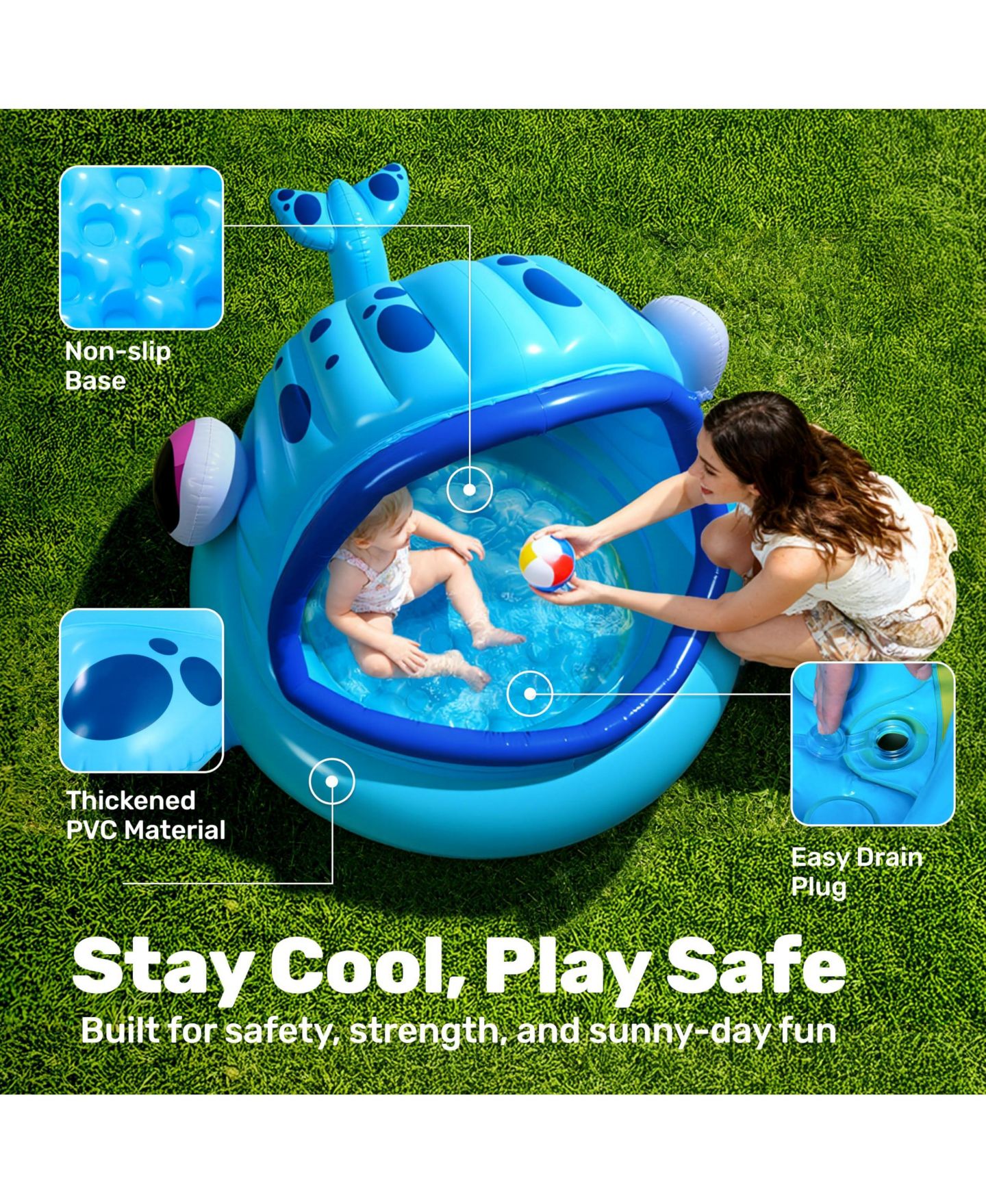 Детская игрушка GNUADZ Inflatable Whale Pool Tent with Built-in Sunshade Canopy, 14-Gallon, Ages 5-7, цвет: Синий — фото 3