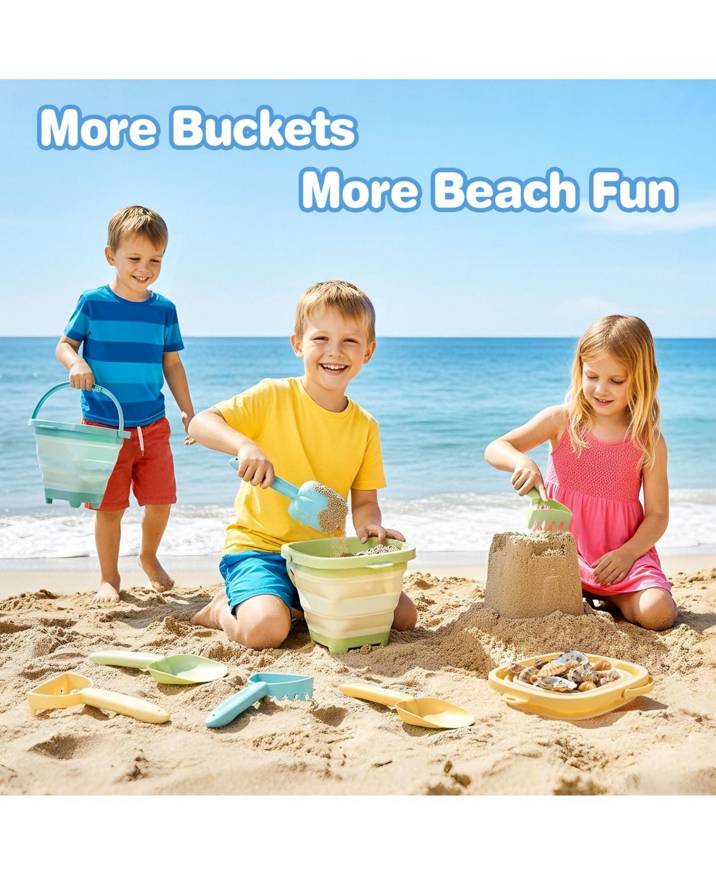 Детские игрушки GNUADZ Collapsible Sand Buckets with Shovels, Rakes, and Mesh Bag, 3-Piece Set, Ages 3+, цвет: Three Buckets Set — фото 3