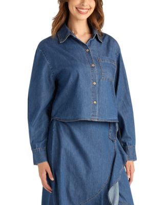 Women's Denim Long-Sleeve Collared Crop Top