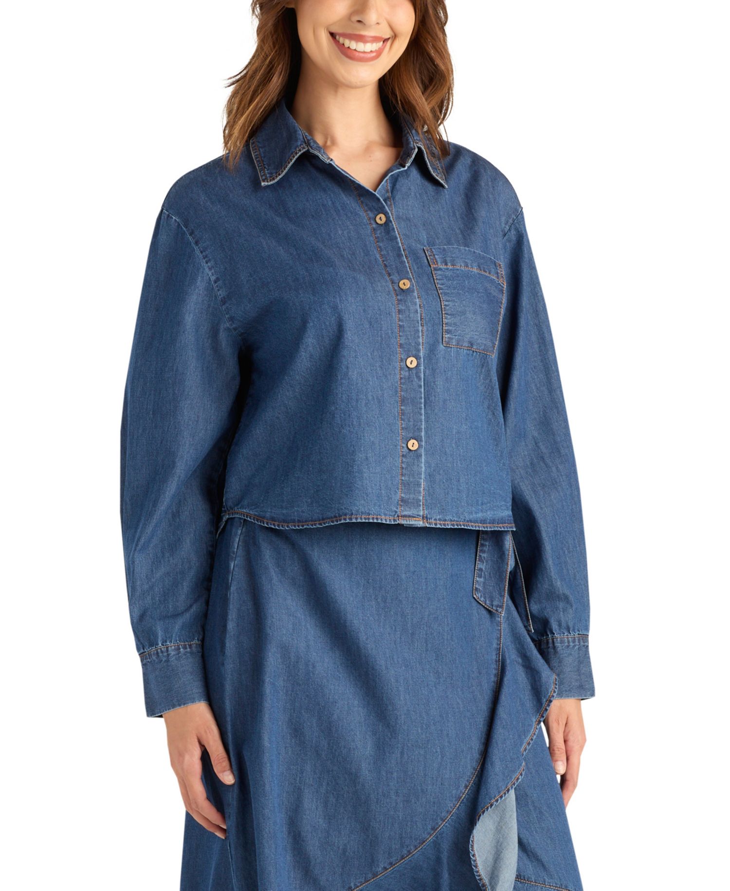 Women's Denim Long-Sleeve Collared Crop Top