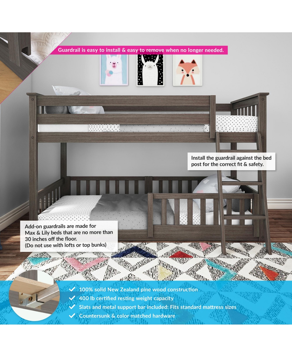 Max & Lily Twin over Low Bunk with Single Guard Rail