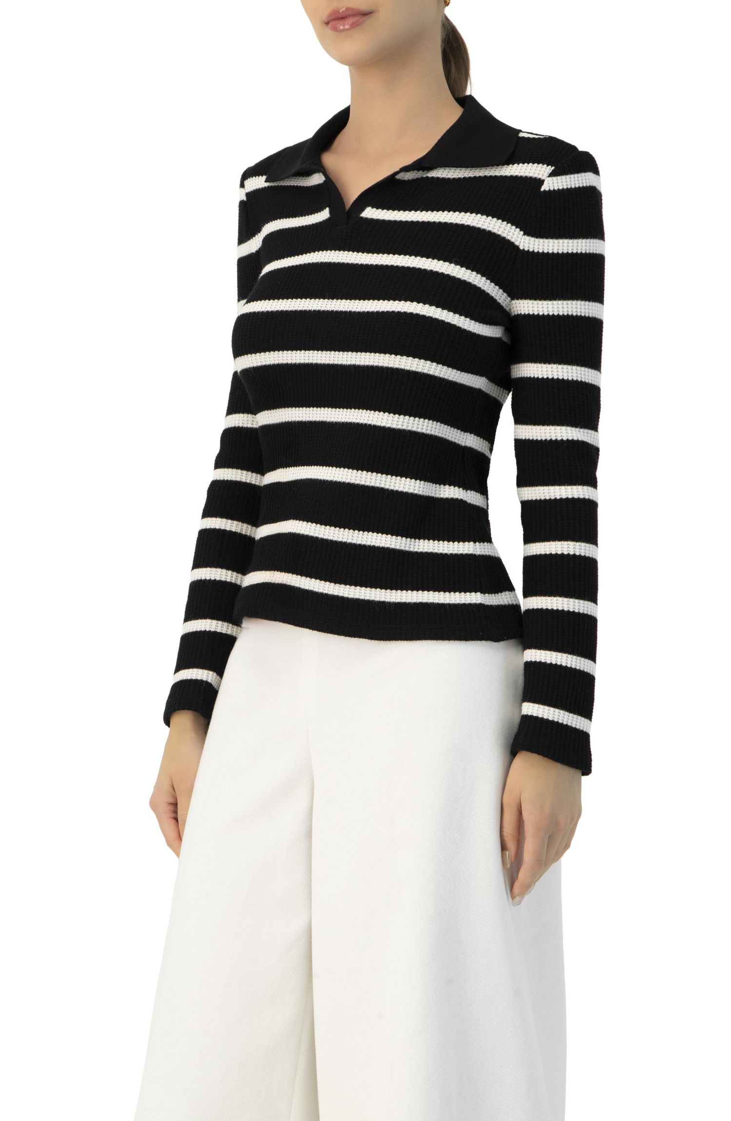 Women's Knitted Striped Long Sleeve Polo