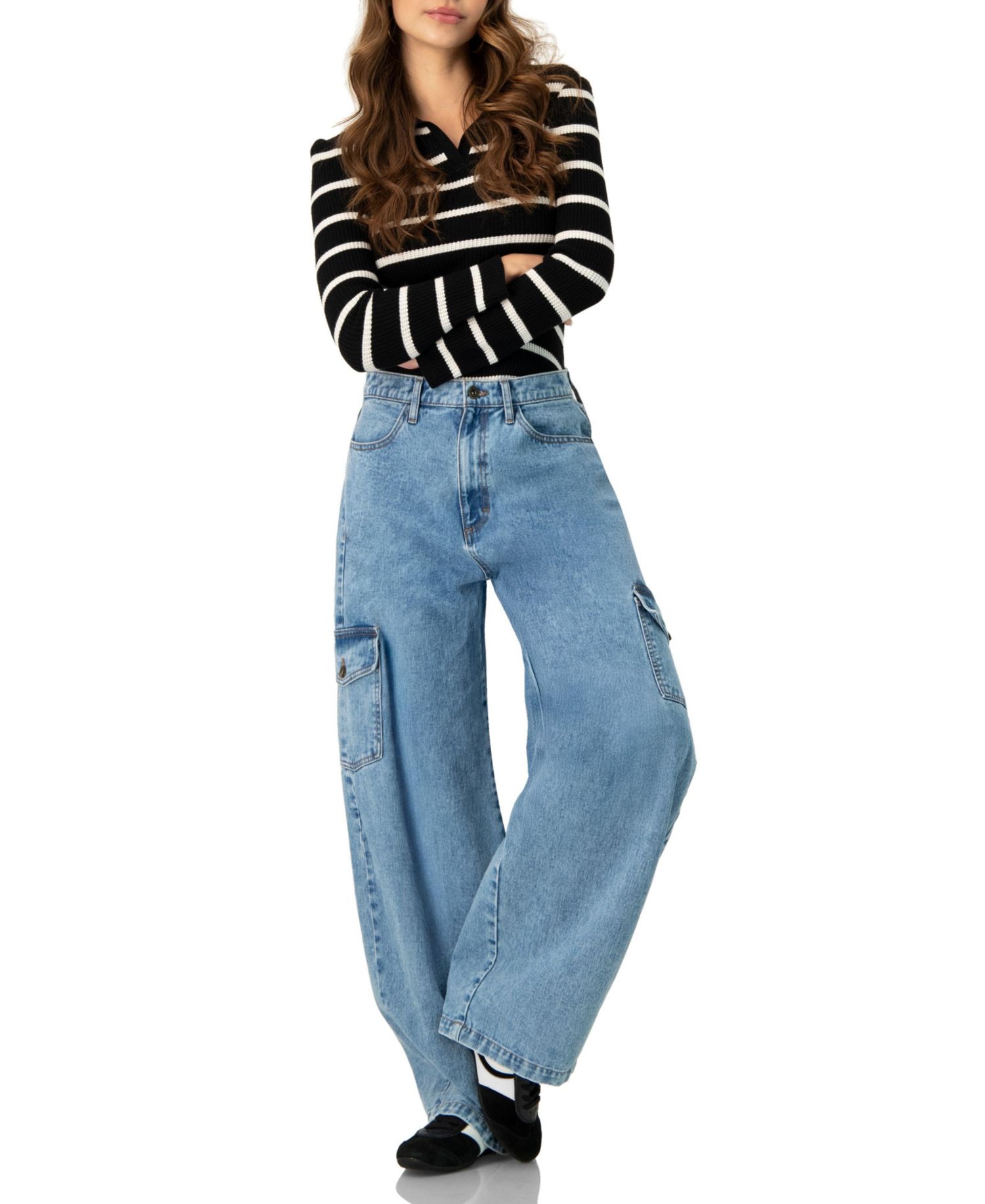Women's Knitted Striped Long Sleeve Polo