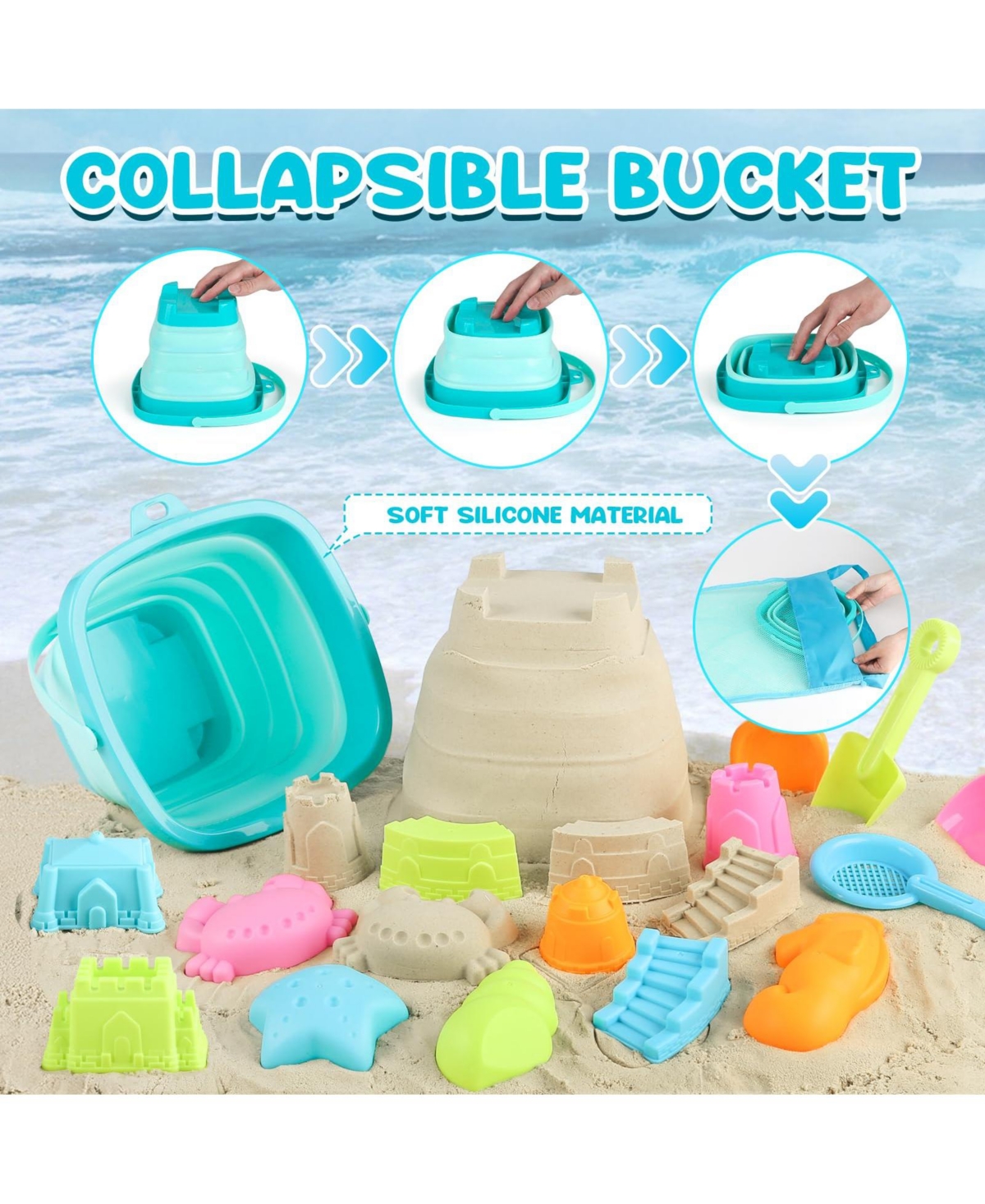 Gnuadz 28-piece Beach Toys Collapsible Sand Buckets Molds Shovels Mesh Bag