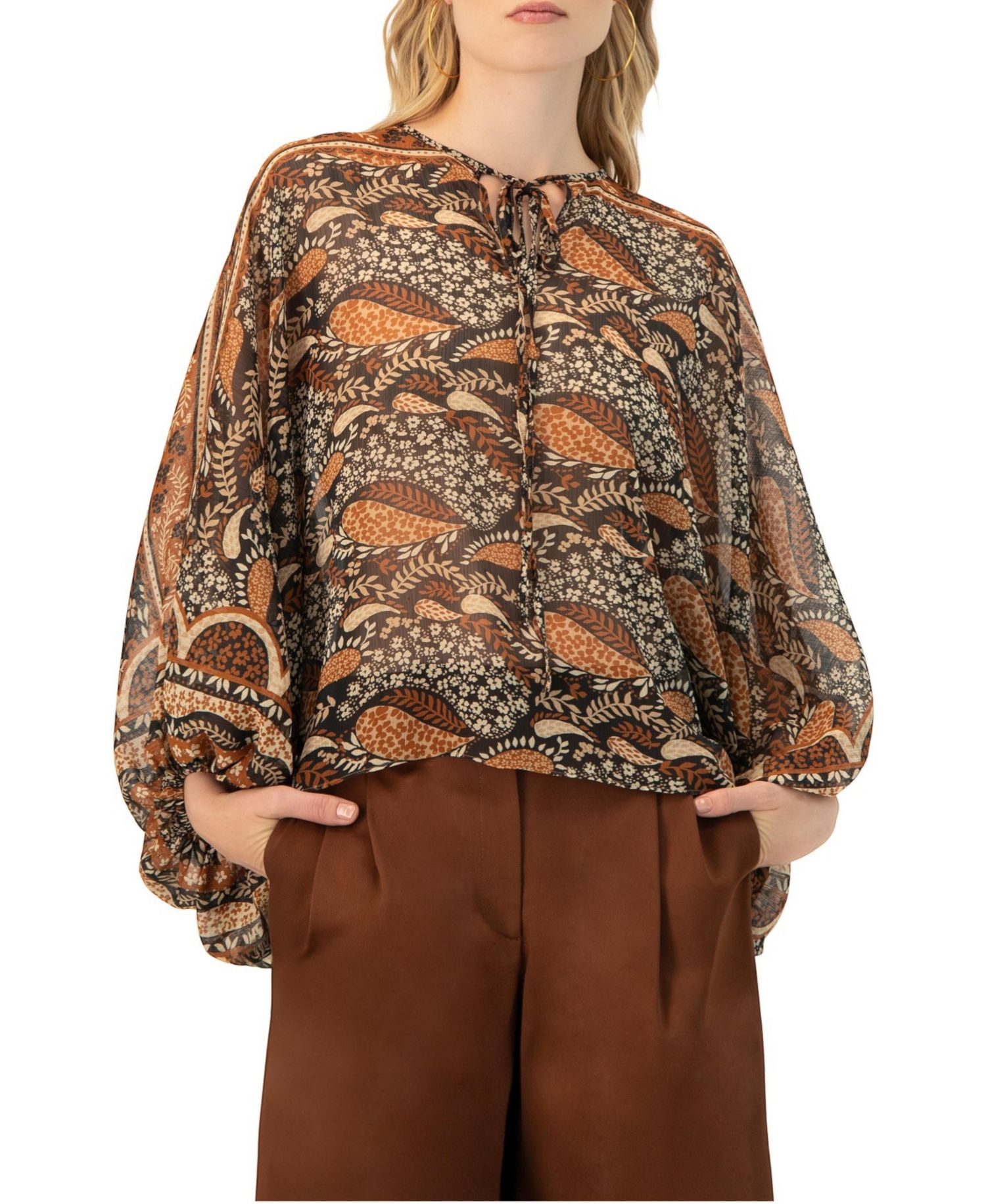 Women's Dolman Paisley Blouse with Neck Ties