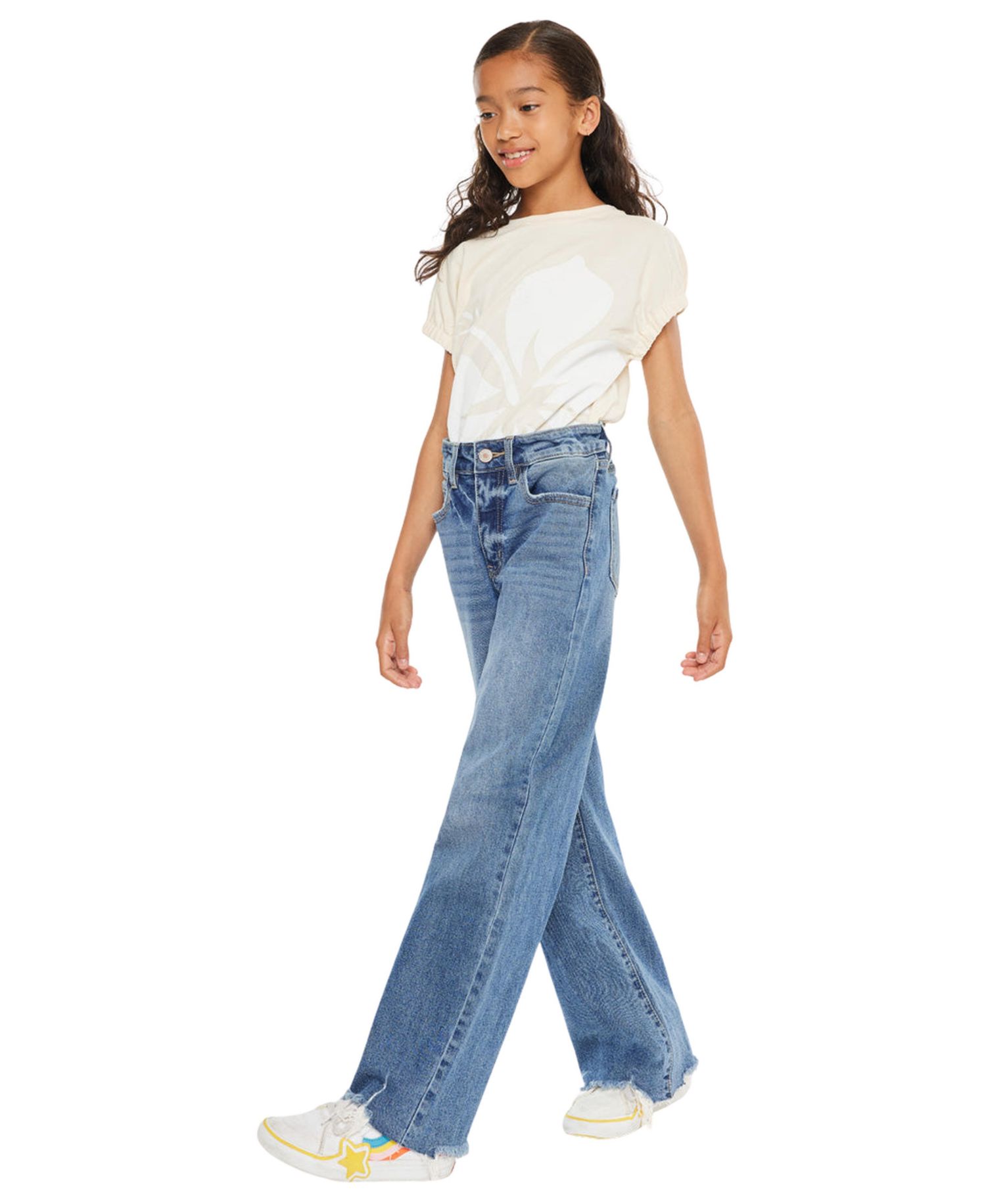 Girl's Kitty High Rise Slim Wide Leg Hem Detail Jeans