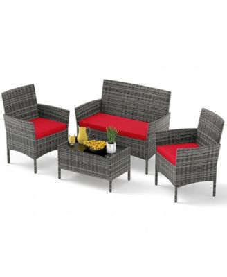 Patio Rattan Conversation Set with Tempered Glass Coffee Table