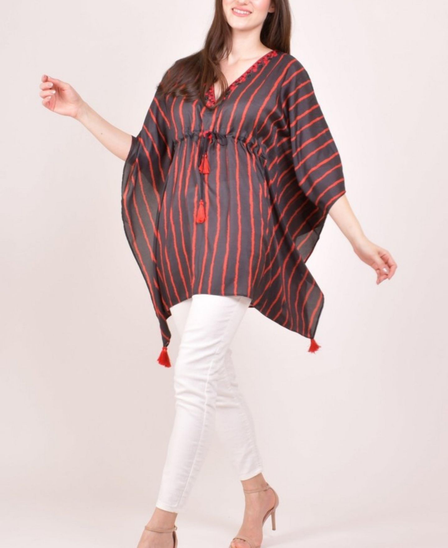 Женский топ RAAS Stripe Floral Embroidered Boho Kaftan, цвет: Чёрный / Красный — фото 4