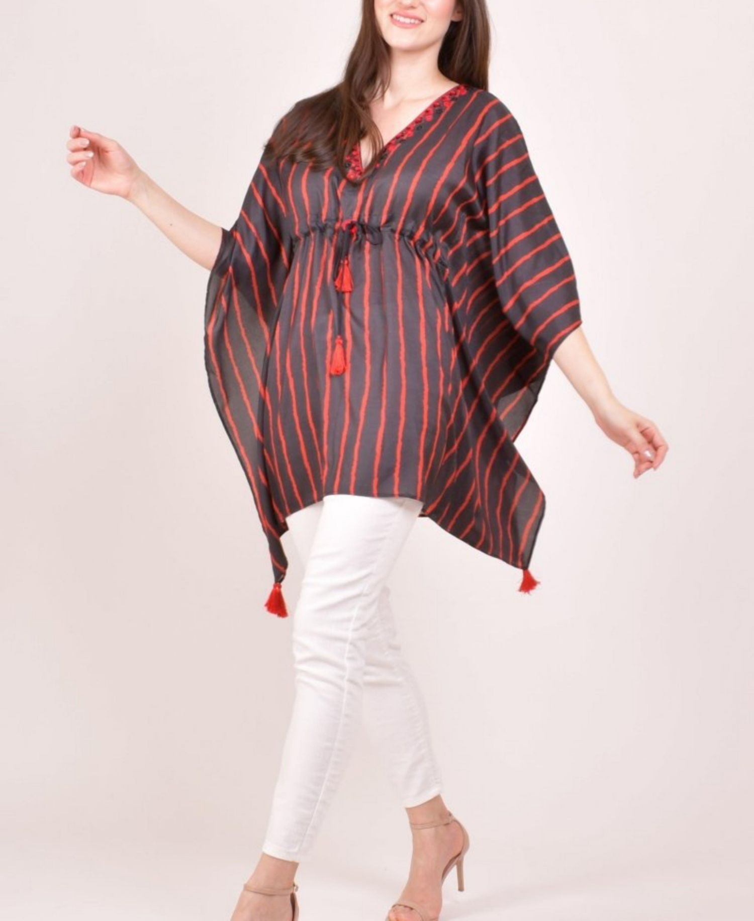 Women's Stripe Floral Embroidered Boho Kaftan Top