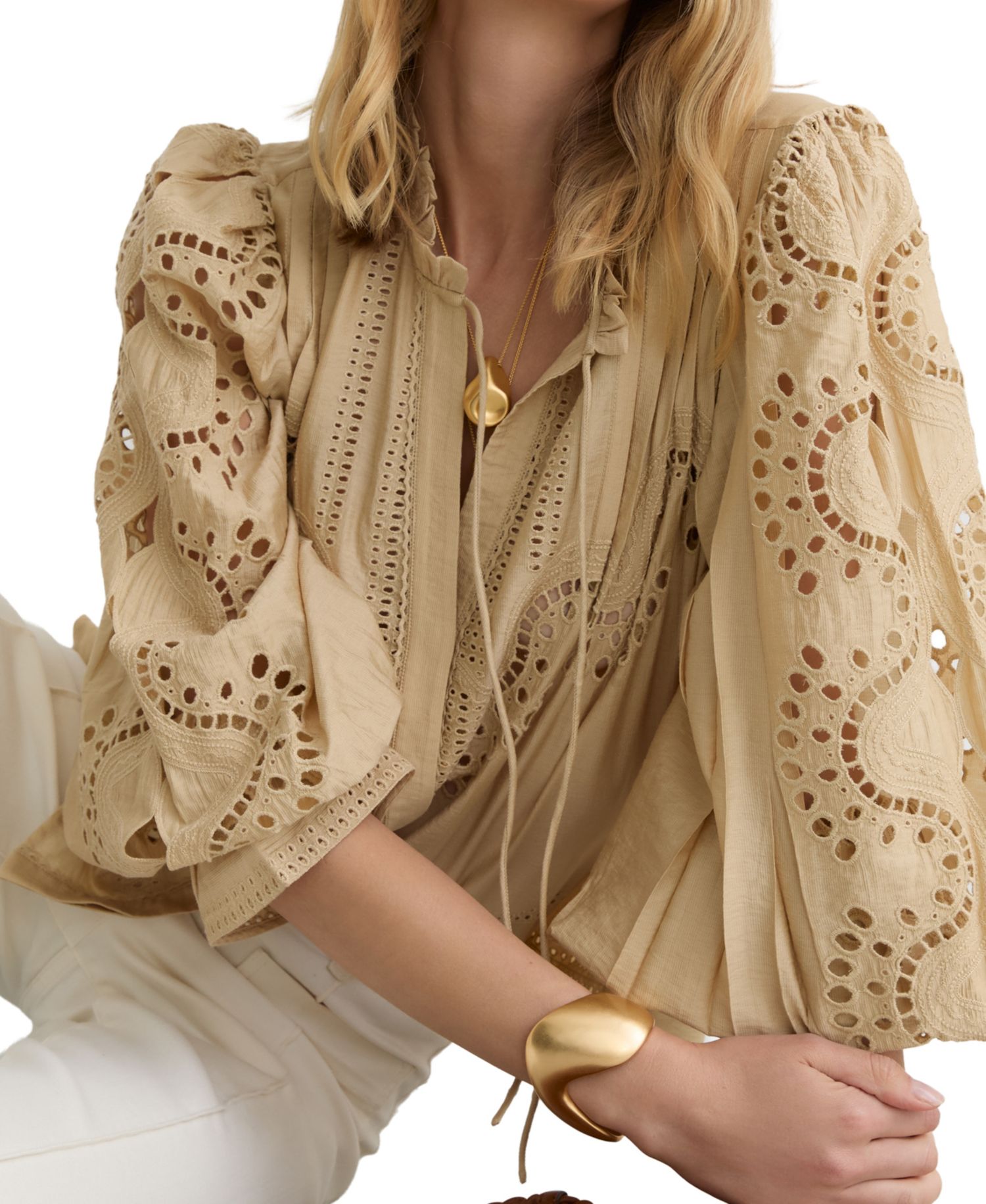 Women's Broderie Anglaise Tie-Neck Blouse
