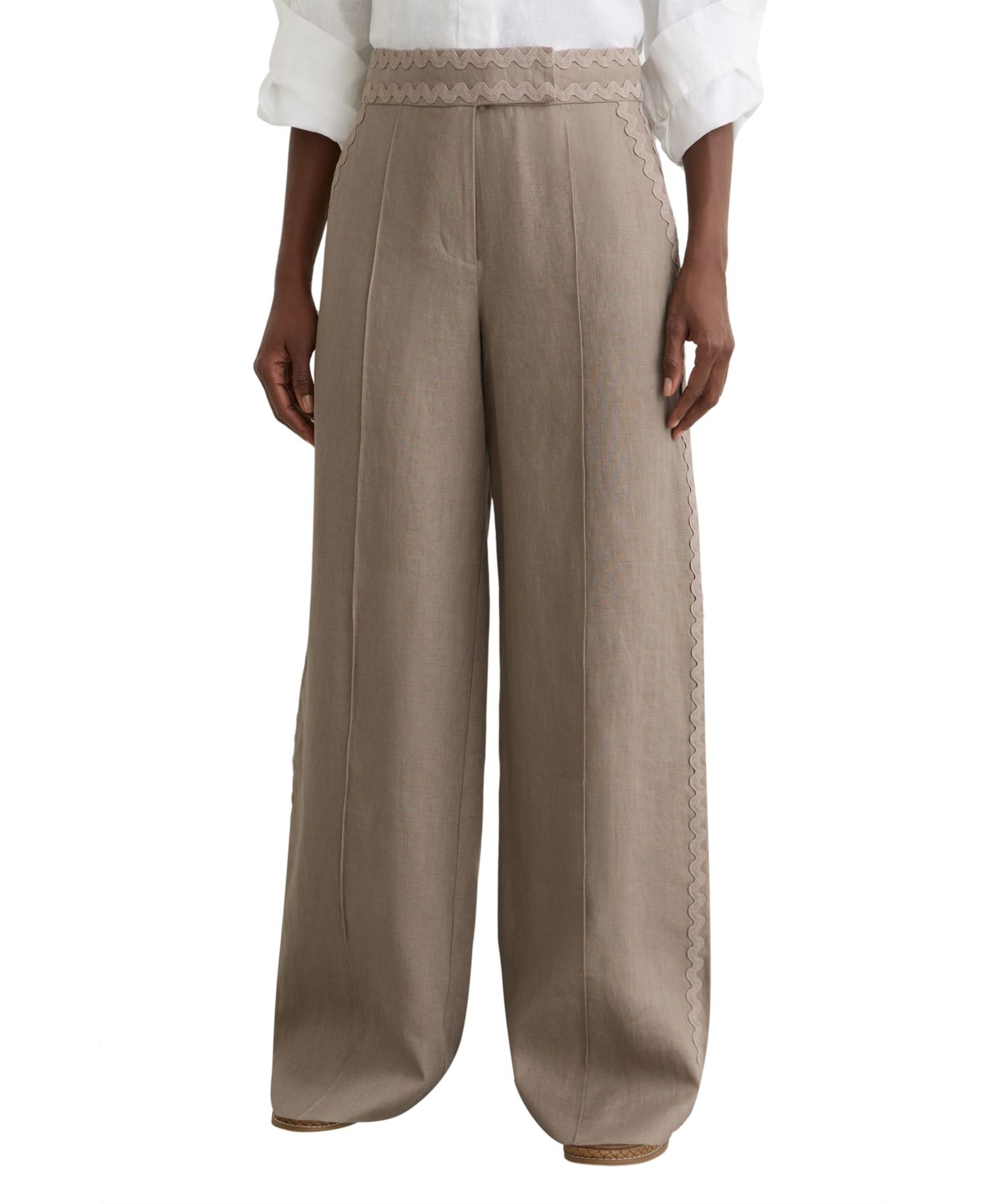 Women's Linen Wave-Trim Wide-Leg Pants