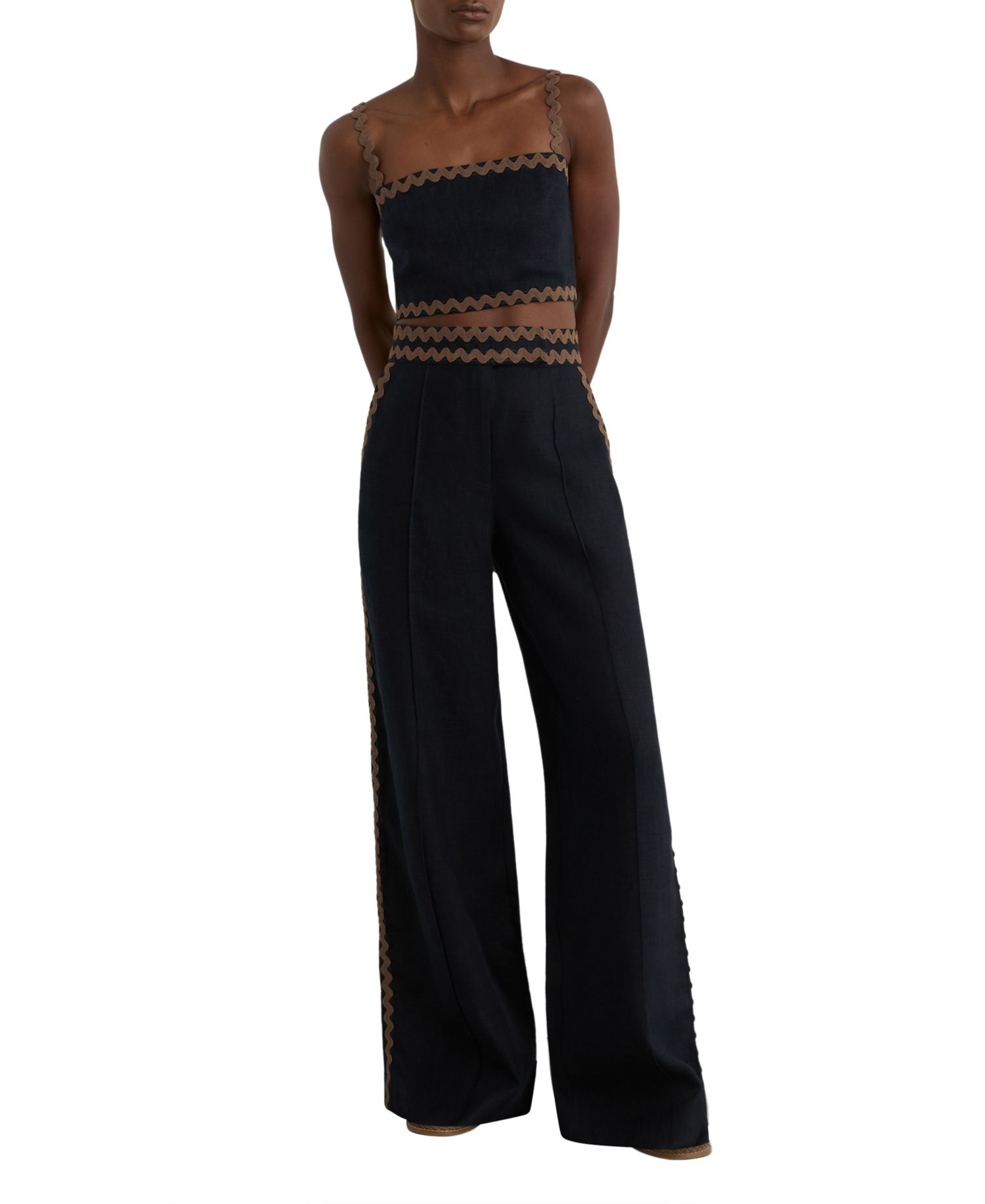 Women's Linen Wave-Trim Wide-Leg Trousers