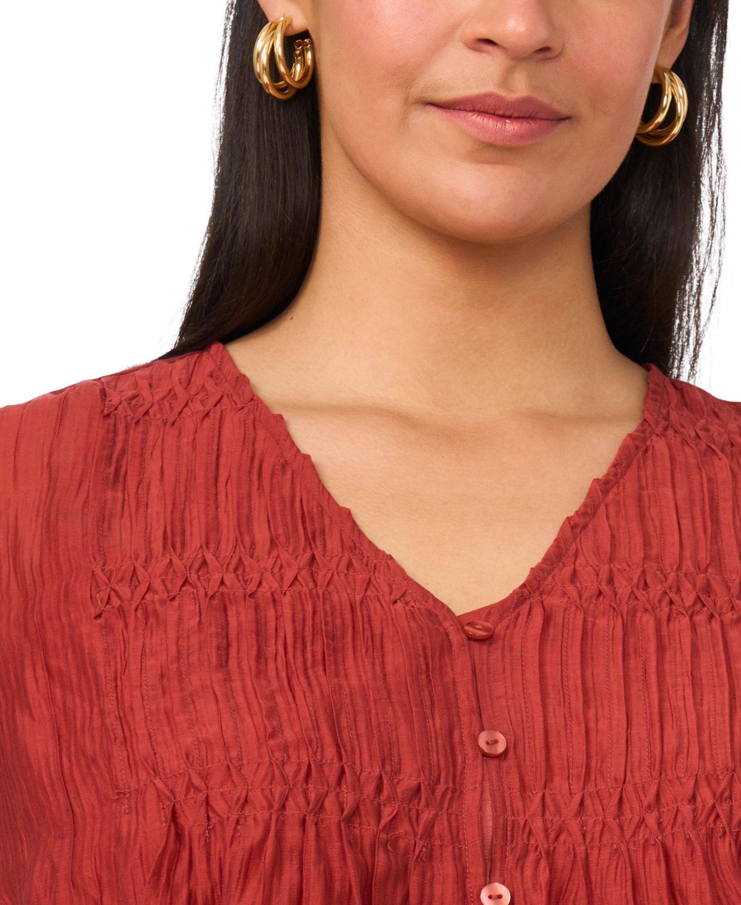 Plus Size V-Neck Puff-Sleeve Pintuck Top