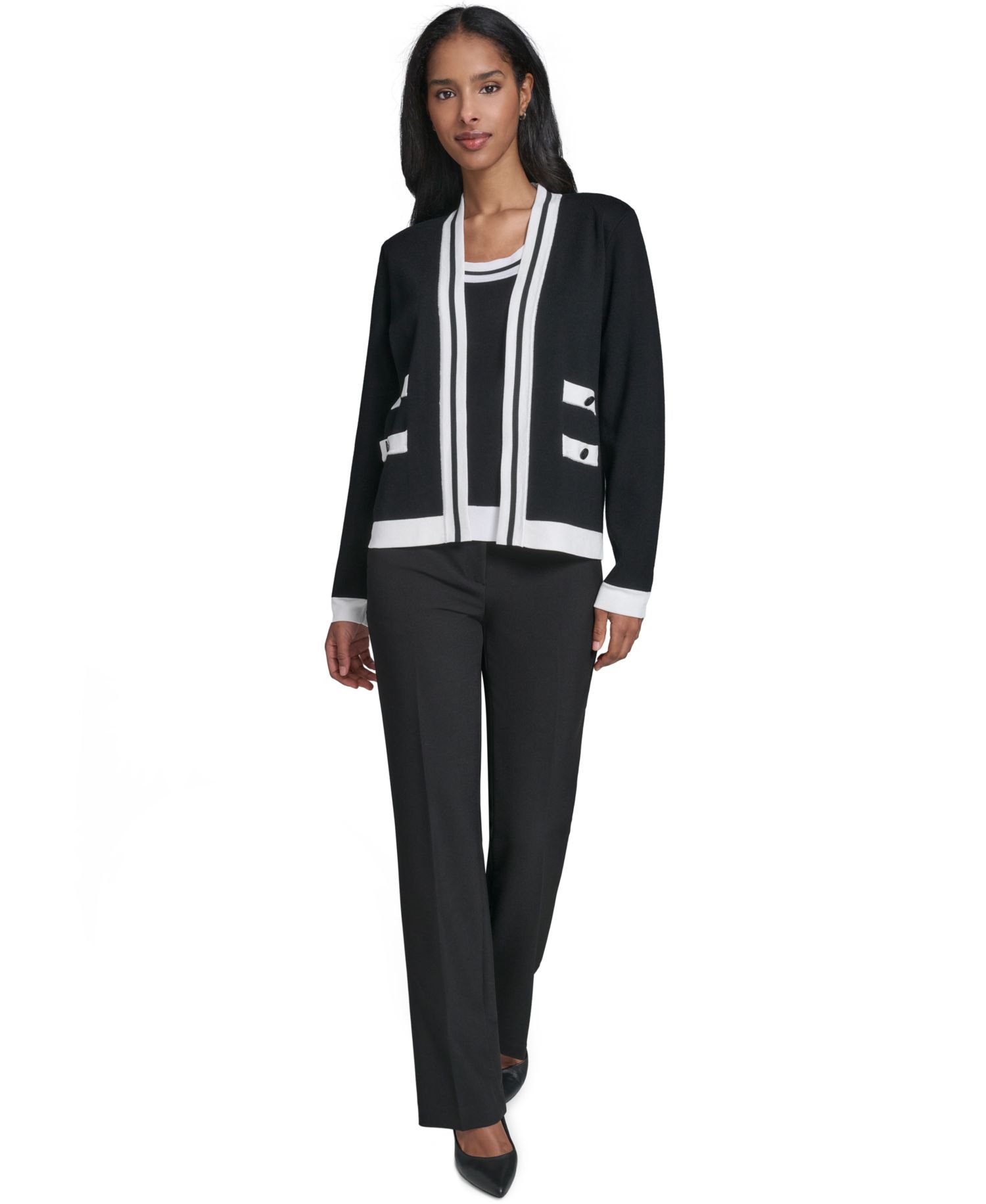 Petite Open-Front Long-Sleeve Knit Cardigan with Contrast Trim
