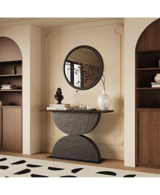 47" Double Semi-Circles Hammered Wood Console Table with LED Light