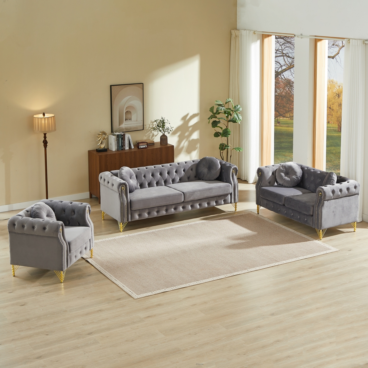 Streamdale Furniture Velvet Chesterfield sofa with copper stud detailing & tufted buttons.