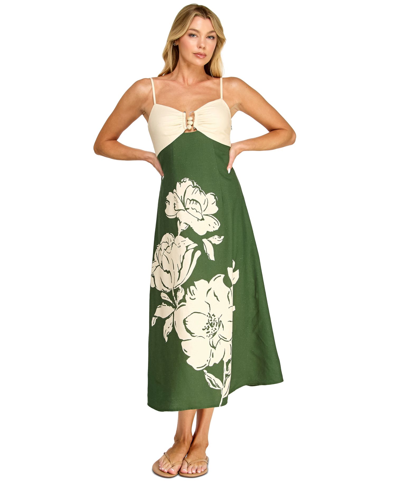 Juniors' Sleeveless Fit & Flare Midi Dress with Floral Placement Print