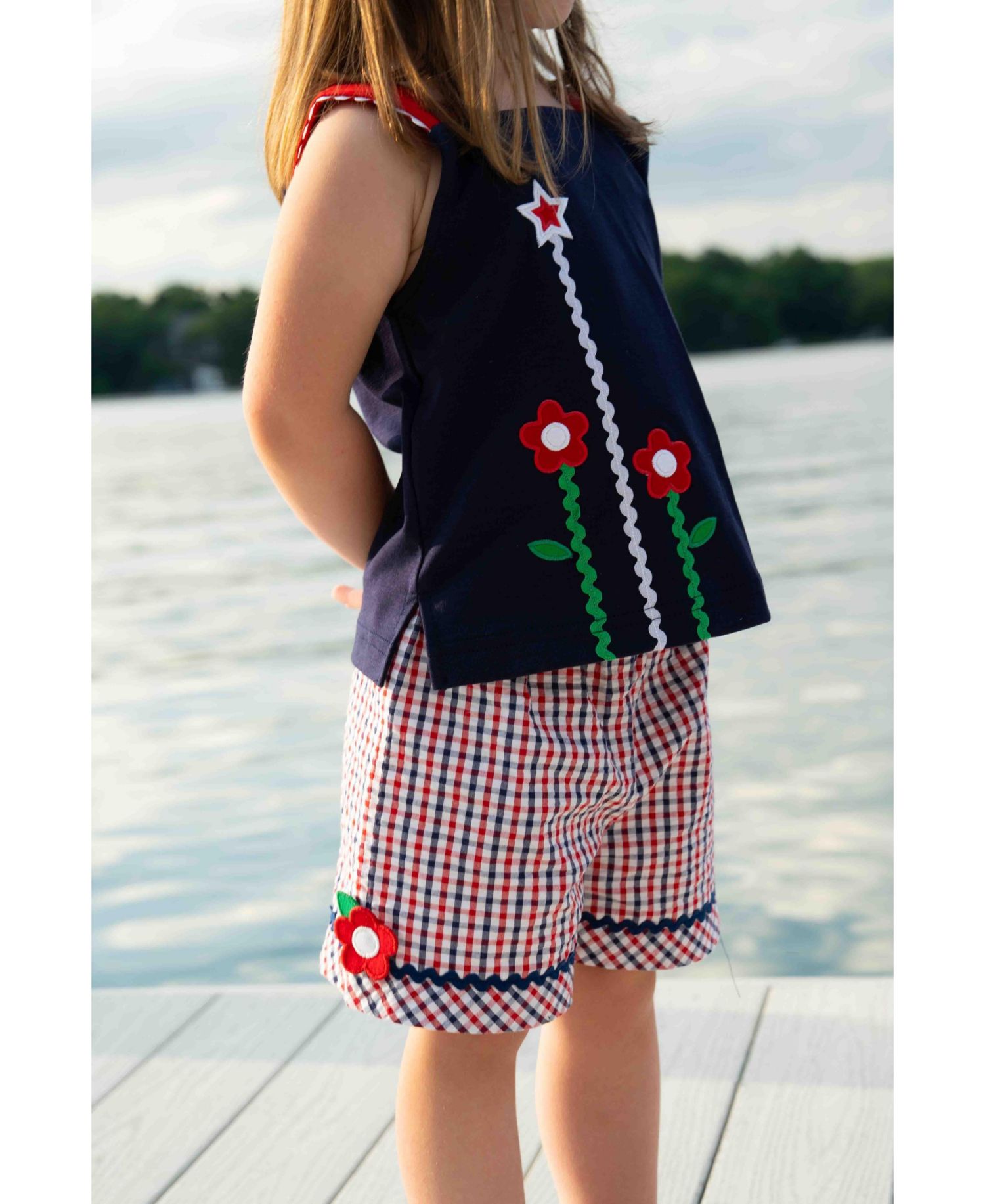 Little Girls Plaid Seersucker Shorts With Ric Rac and Flowers