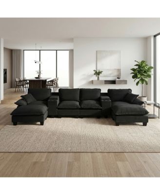Streamdale Modular U-Shape Cloud Couch with Storage, Cup Holders, USB and Ottomans, Black
