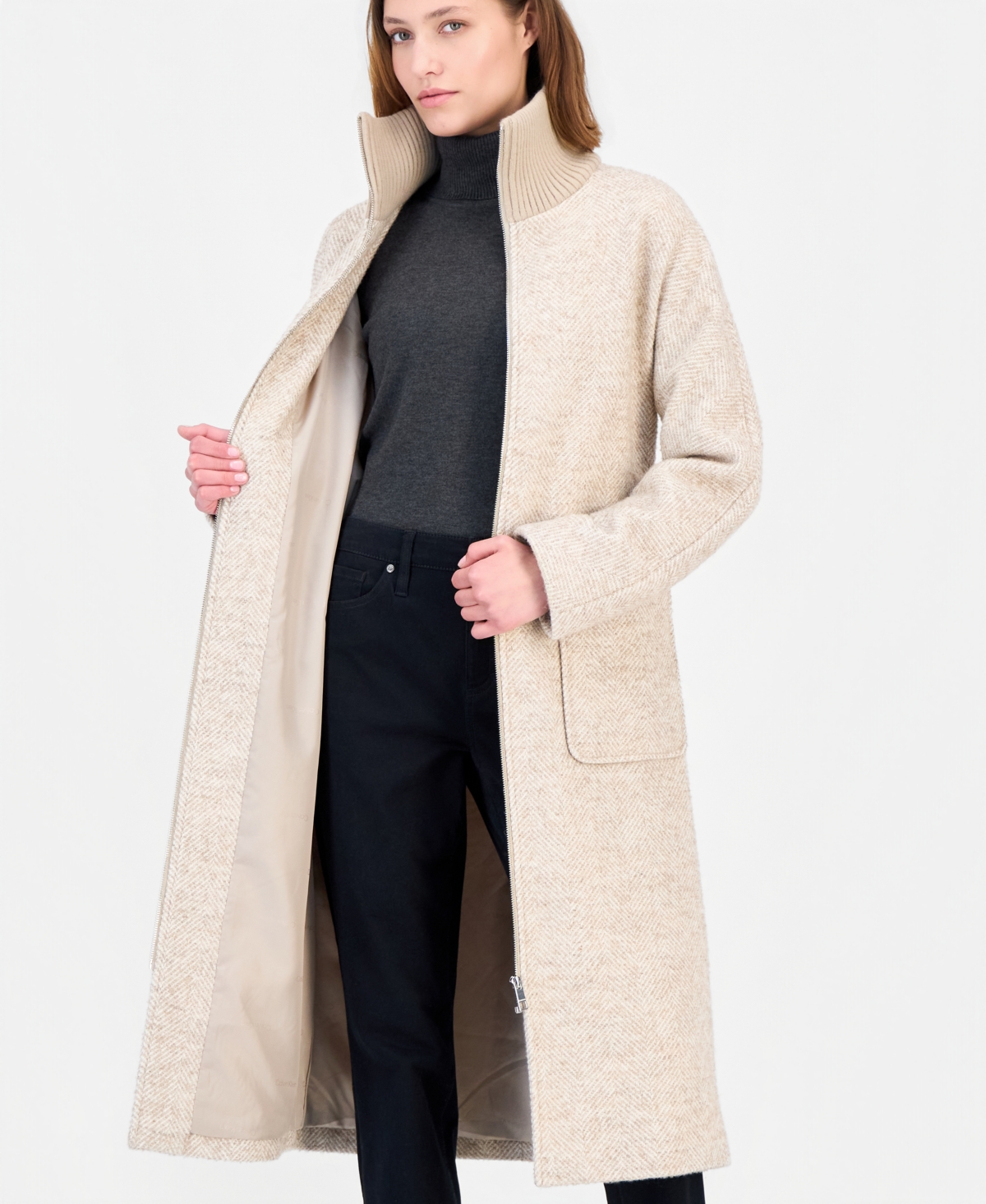 Calvin Klein Women's Belted Knit-Collar Textured Coat