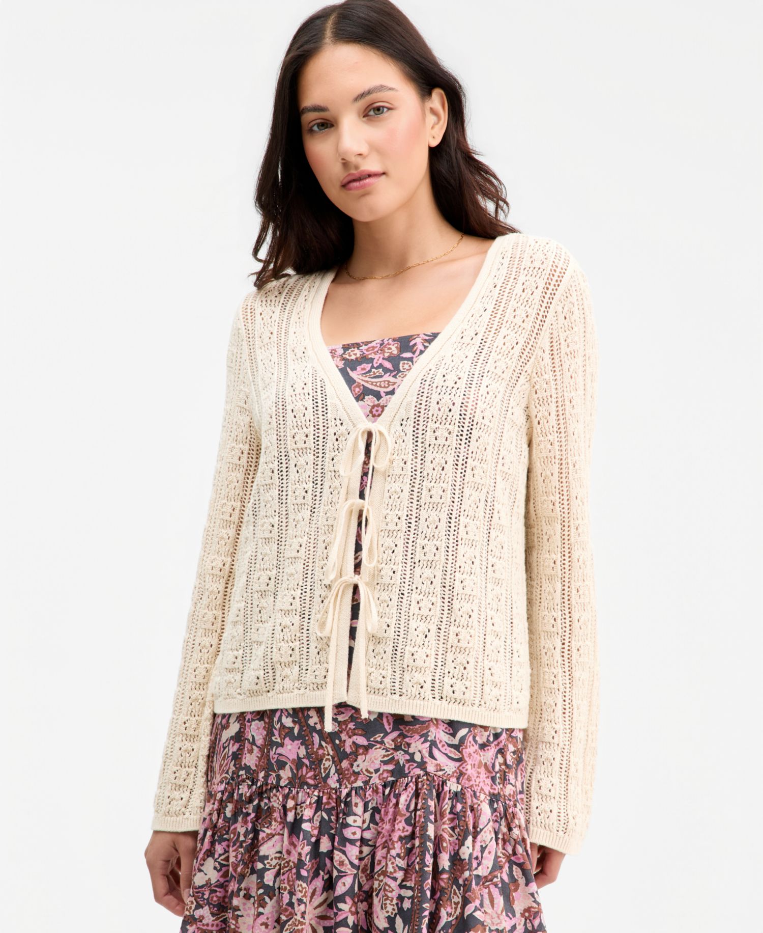 Women's Cotton Tie-Front Long-Sleeve Cardigan