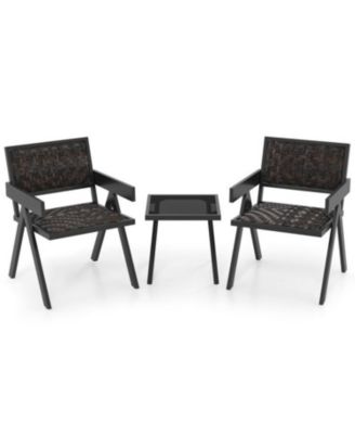 3 Piece Patio Wicker Bistro Set with Quick Dry Foam Cushions Glass Table