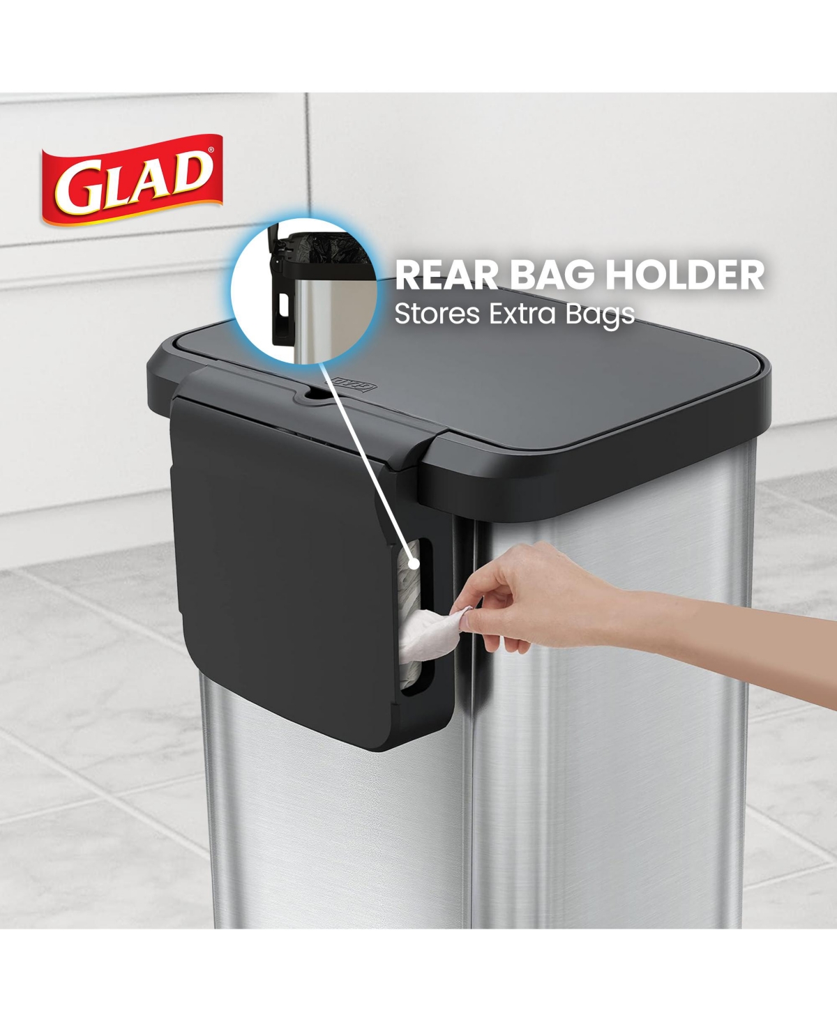 Glad Step Trash Can, Soft Close Lid Bin with Odor Protection, 20 Gal, Stainless