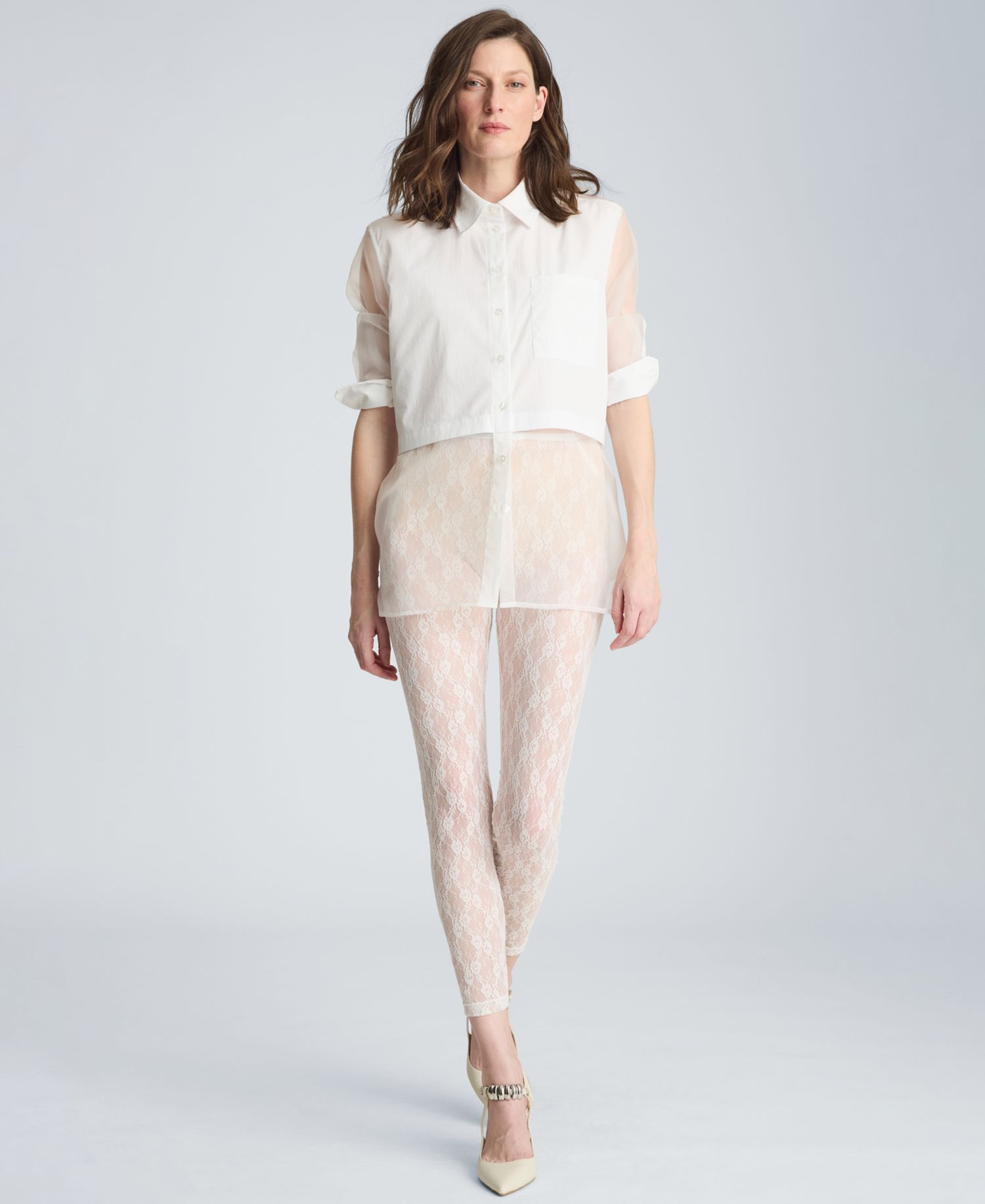 Women's Button Front Shirt with Sheer Overlay