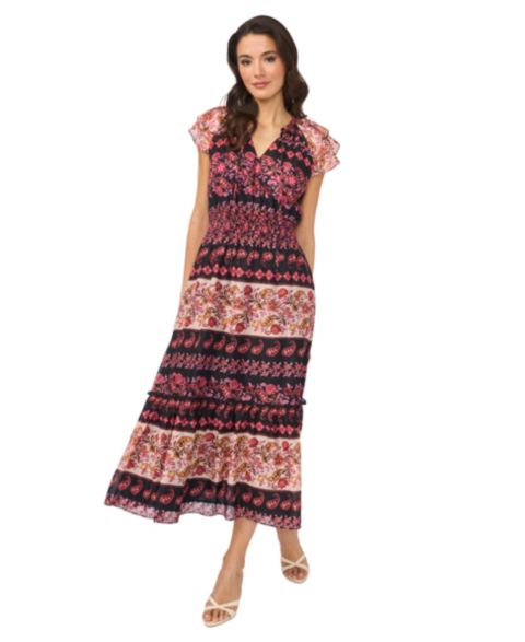Женское платье CeCe Tie-Neck Smocked Waist Printed, цвет: Насыщенный чёрный