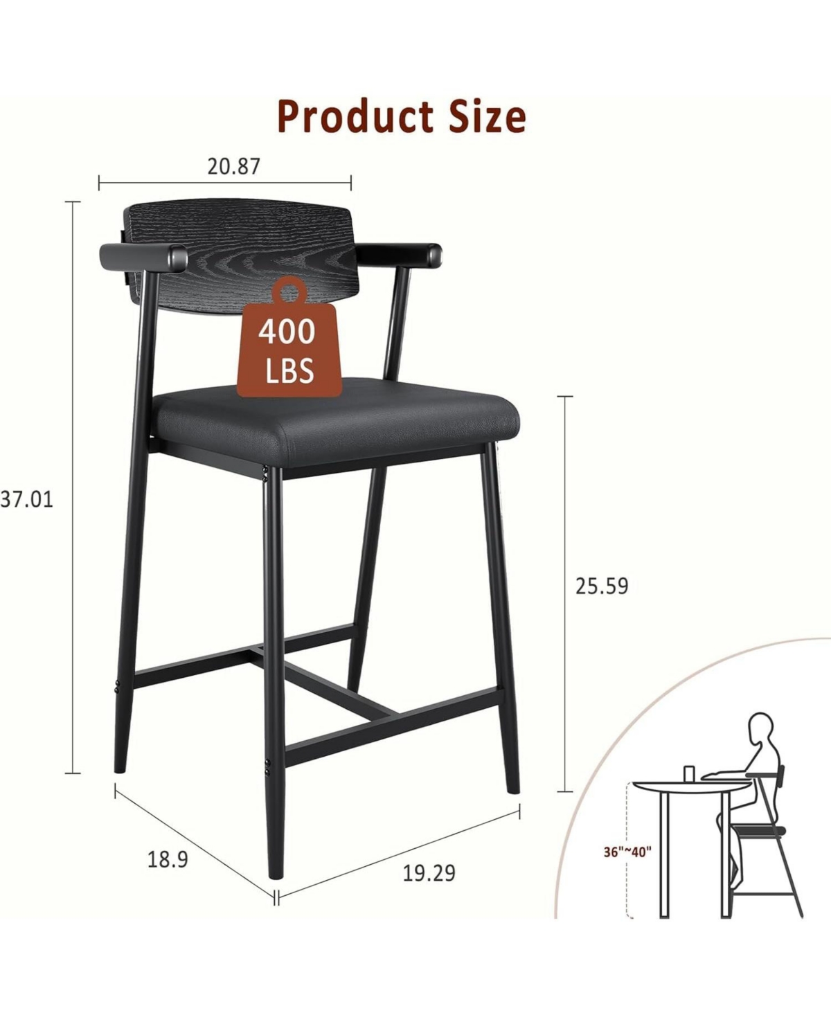 homfan 26" Counter Height Bar Stools with Arms - Metal Frame, Wood Back, Footrest, Wide Seat, Sturdy for Kitchen Island or Home Bar
