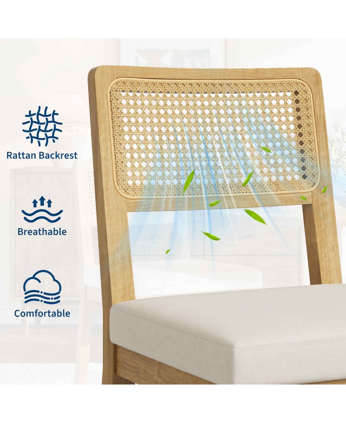homfan Modern Armless Rattan Dining Chairs, Set of 4 - Upholstered Linen Seat, Sturdy Wood Frame, Breathable Rattan Backrest