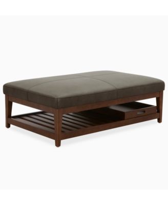 Jacey 17" Leather Rectangle Wood Tray Ottoman