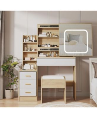 Vanity Desk with Sliding LED Mirror, Power Outlet, 4 Drawers, Storage Shelves & Stool