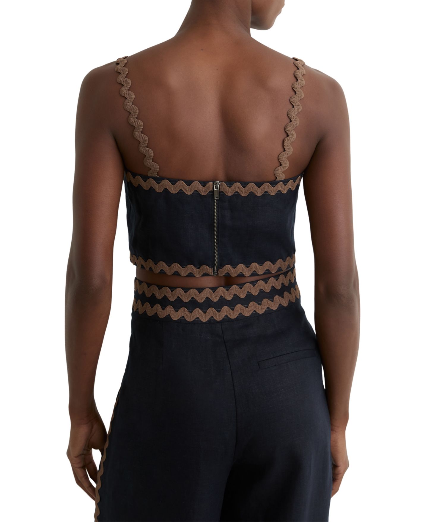 Женский топ REISS Linen Wave-Trim Cropped Cami Top, цвет: Navyivory — фото 5