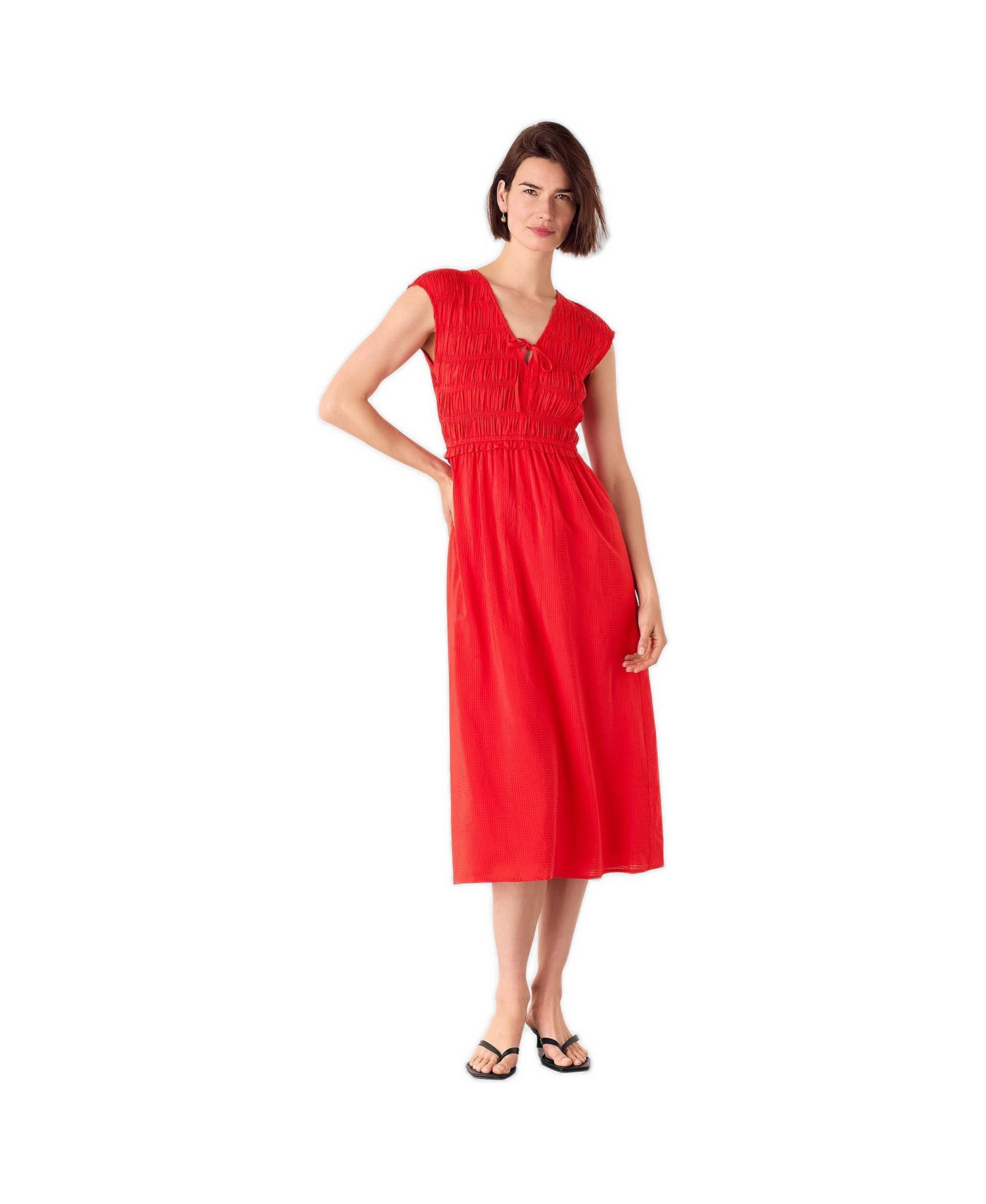 Women's Shirred Bodice V-Neck Midi Dress