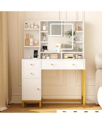 Makeup Vanity with LED Mirror & Charging Station, Acrylic Top, 3 Drawers, Shelves & Cabinet